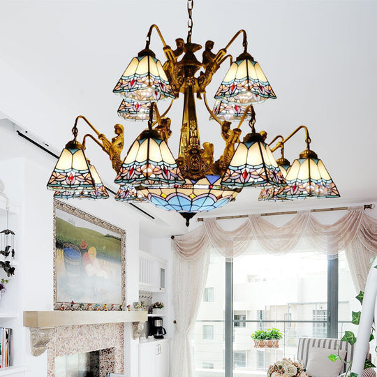 Blue Stained Glass Chandelier - Tiffany Style With 15 Lights And Baroque/Magnolia Pattern