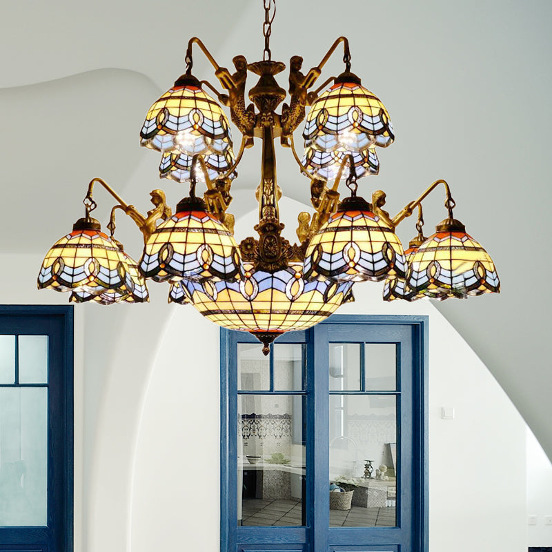 Blue Stained Glass Chandelier - Tiffany Style With 15 Lights And Baroque/Magnolia Pattern / Baroque