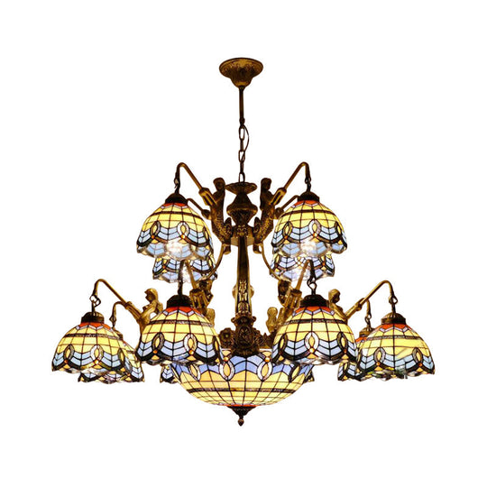 Blue Stained Glass Chandelier - Tiffany Style With 15 Lights And Baroque/Magnolia Pattern