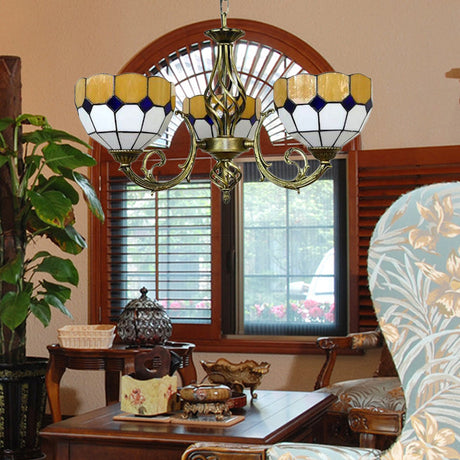 Multi-Colored Glass Lattice Pendant Lamp - Tiffany Classic Chandelier With 3 Bulbs For Dining Room