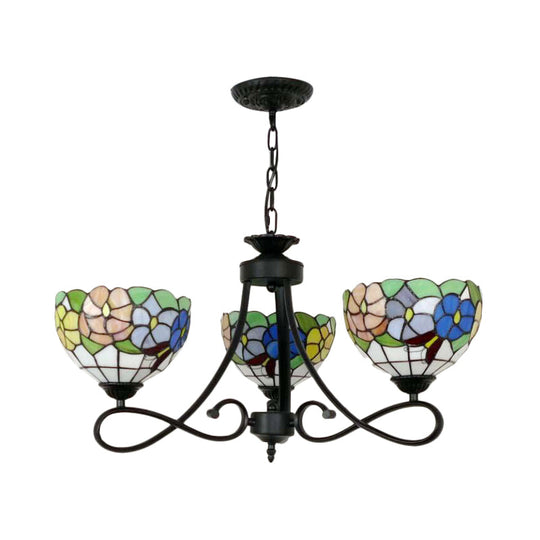 Tiffany Rustic Stained Glass Chandelier With Petal 3 Heads And Floral Pattern For Study Room
