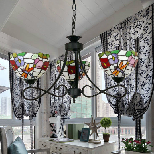 Tiffany Rustic Stained Glass Chandelier With Petal 3 Heads And Floral Pattern For Study Room Black
