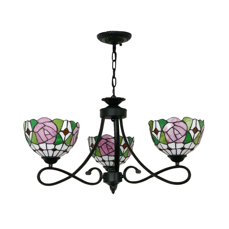 Tiffany Rustic Stained Glass Chandelier With Petal 3 Heads And Floral Pattern For Study Room