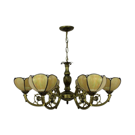 Traditional Tiffany Dome Hanging Light Chandelier In Yellow - 6/3 Bulbs Bedroom Décor