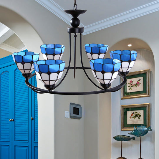 Tiffany Classic Chandelier: Metal Ring Suspension Light With Grid Bowl (6/8 Lights) In Blue And