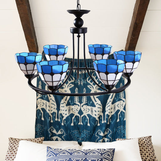 Tiffany Classic Chandelier: Metal Ring Suspension Light With Grid Bowl (6/8 Lights) In Blue And