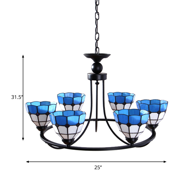 Tiffany Classic Chandelier: Metal Ring Suspension Light With Grid Bowl (6/8 Lights) In Blue And