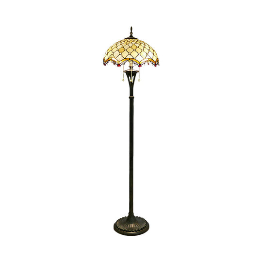 Baroque Brass Cut Glass Floor Lamp With Scalloped Reading Lights And Beaded/Floral Pattern