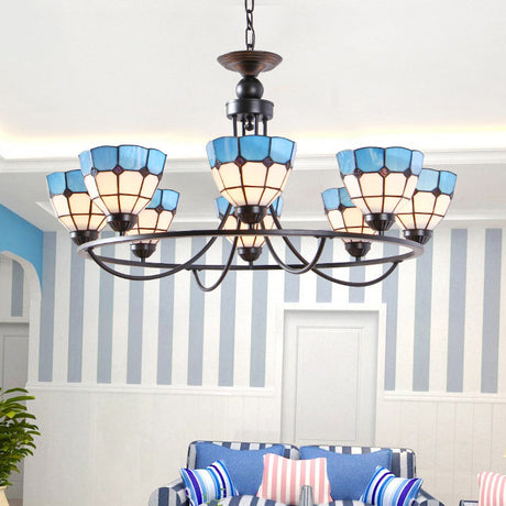 Blue & White Tiffany Classic Chandelier - Metal Ring Suspension Light With Grid Bowl (6/8 Lights) 8