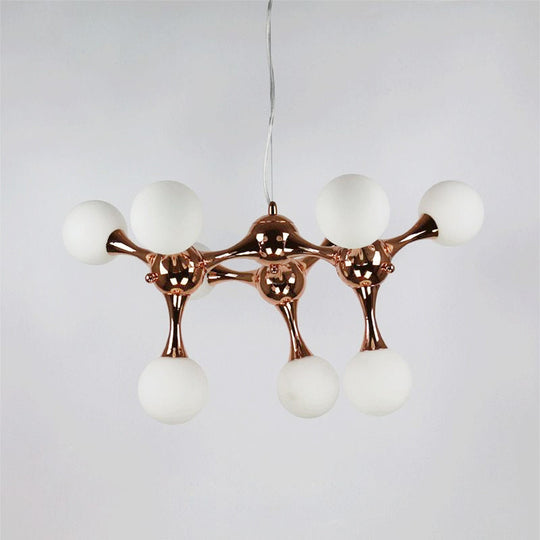 Contemporary Metal Chandelier With 9/15 Lights: Starburst Style Rose Gold Finish White Glass Bubble
