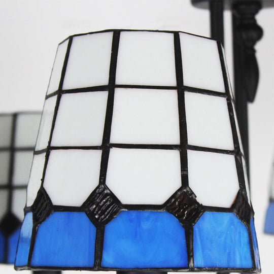 Tiffany Blue Glass Lattice Bucket Chandelier With Multiple Hanging Heads - Ideal For Hotels And