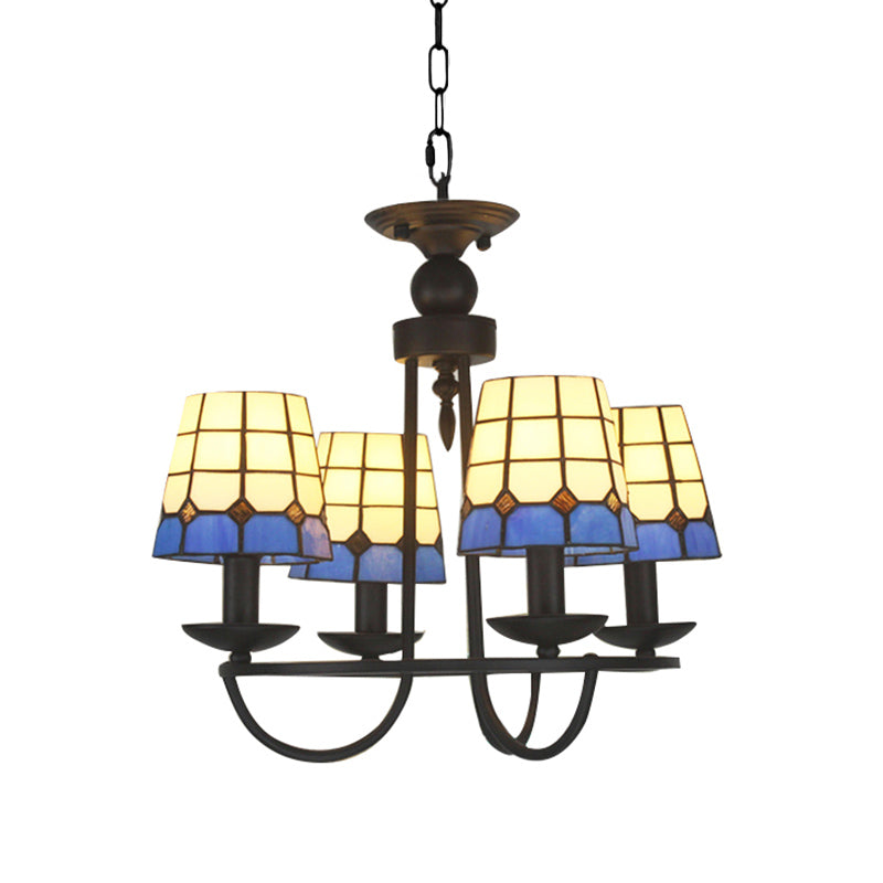 Tiffany Blue Glass Lattice Bucket Chandelier With Multiple Hanging Heads - Ideal For Hotels And