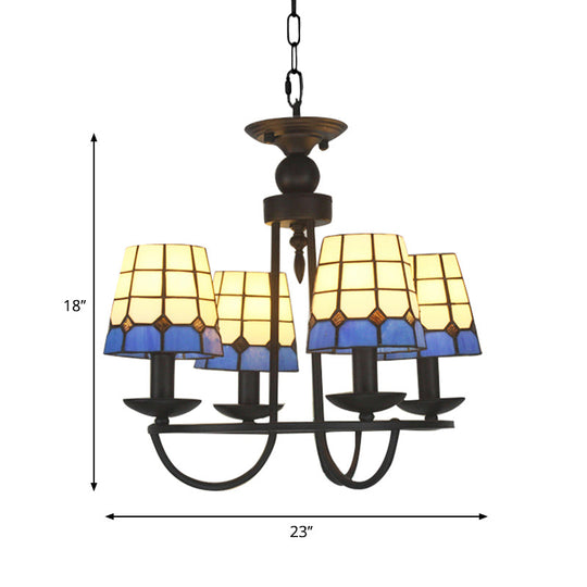 Tiffany Blue Glass Lattice Bucket Chandelier With Multiple Hanging Heads - Ideal For Hotels And