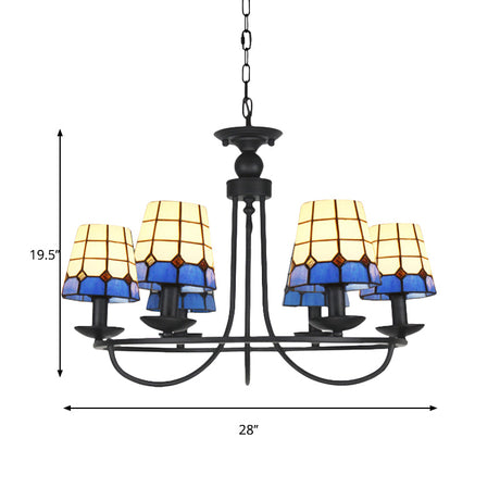 Tiffany Blue Glass Lattice Bucket Chandelier With Multiple Hanging Heads - Ideal For Hotels And