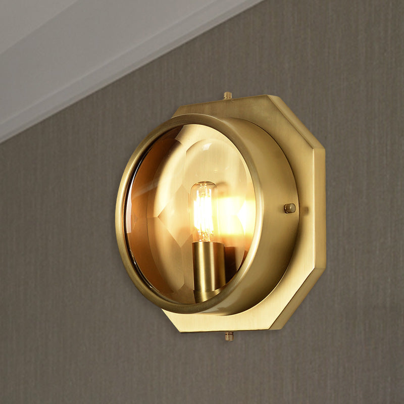 Colonial Octagon Wall Mounted Gold Sconce With Crystal Accent - 1 Head Metal Light Fixture For
