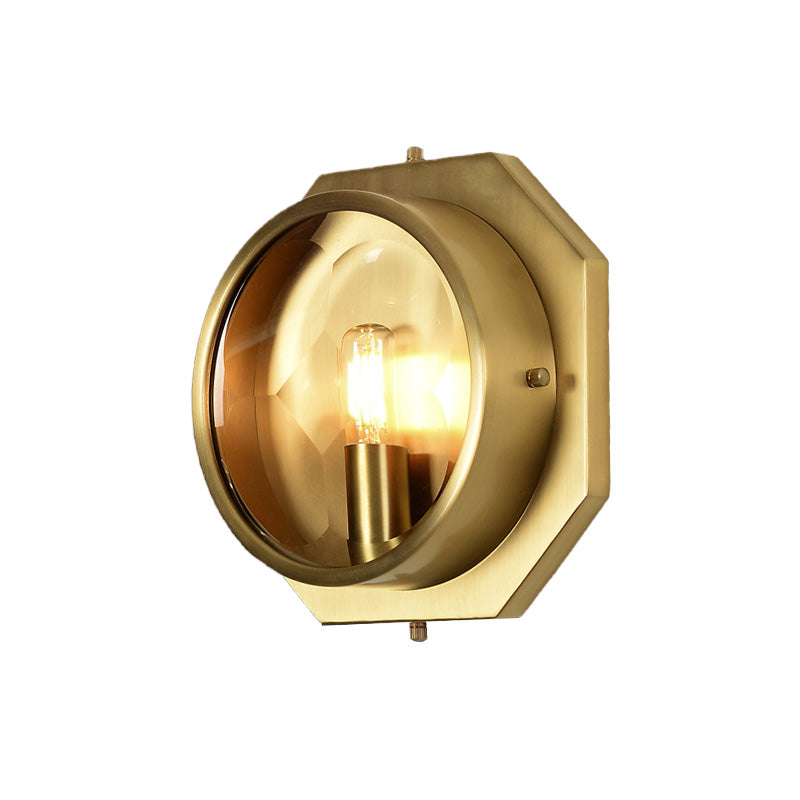 Colonial Octagon Wall Mounted Gold Sconce With Crystal Accent - 1 Head Metal Light Fixture For