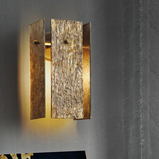 Metal Wall Mounted Bedroom Light - Rectangular Colonial 1 Bulb Fixture In Gold With Bark Texture