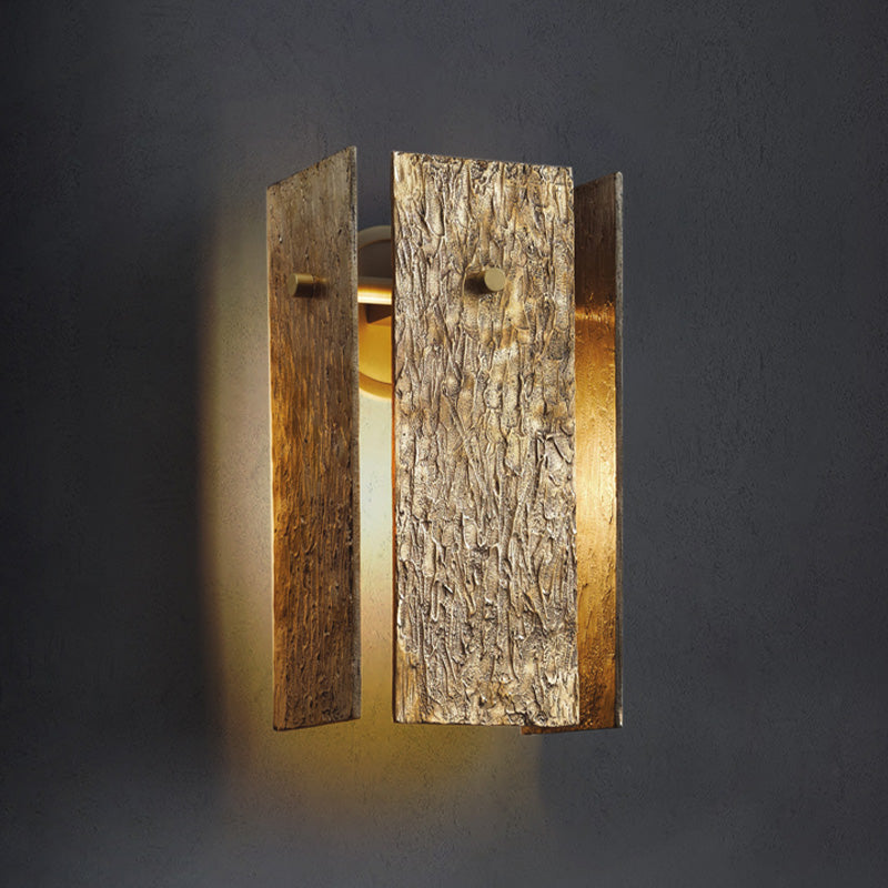 Metal Wall Mounted Bedroom Light - Rectangular Colonial 1 Bulb Fixture In Gold With Bark Texture