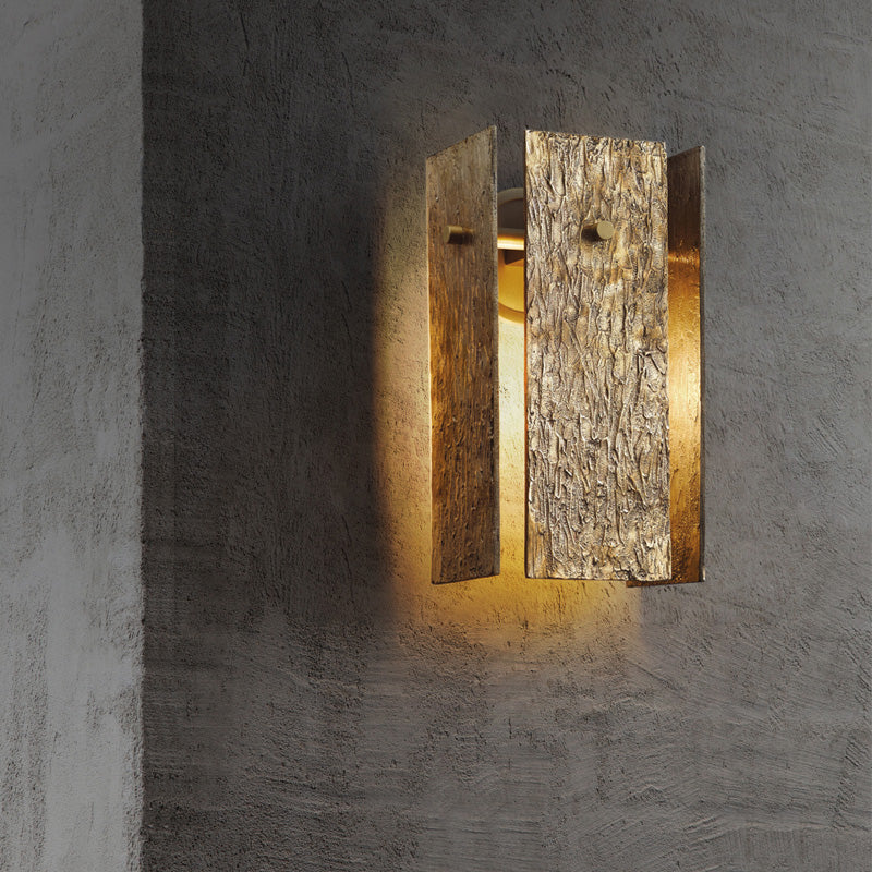 Metal Wall Mounted Bedroom Light - Rectangular Colonial 1 Bulb Fixture In Gold With Bark Texture