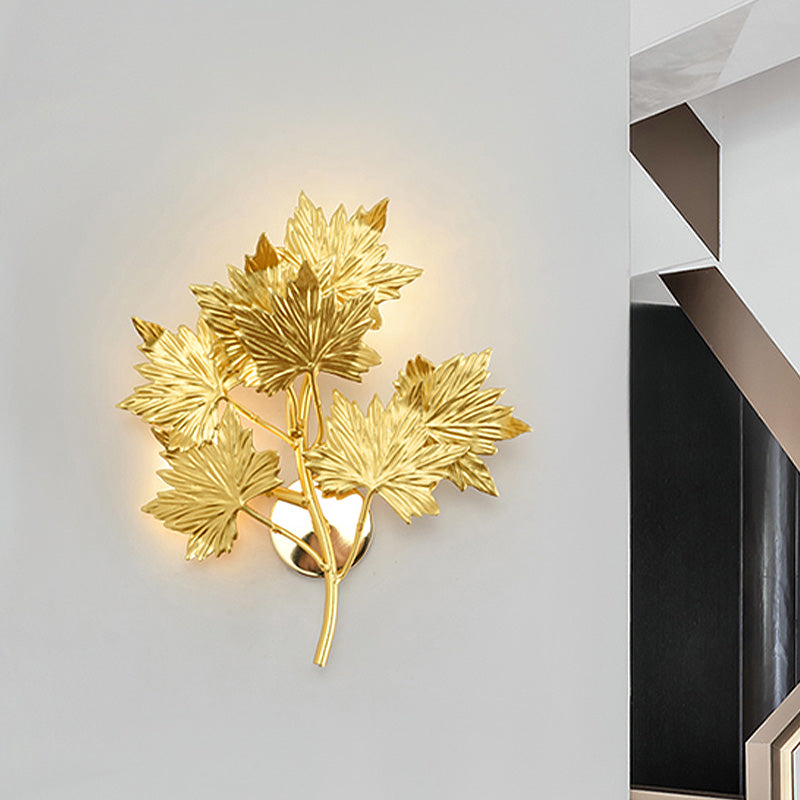 Luxury Gold Aluminium Maple Leaf Wall Sconce Light - 2/8 Heads For Living Room