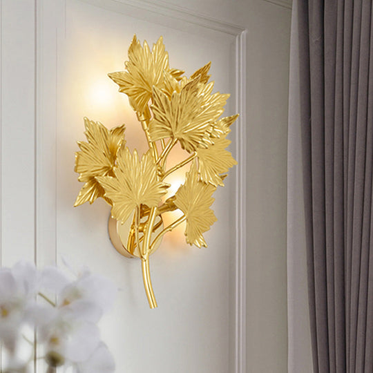 Luxury Gold Aluminium Maple Leaf Wall Sconce Light - 2/8 Heads For Living Room