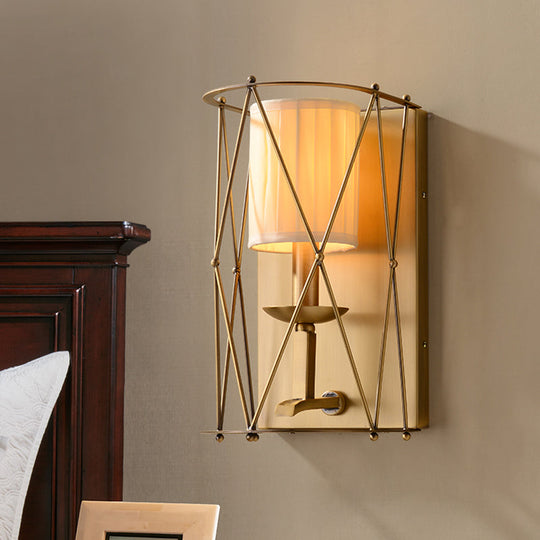 Gold Net Fabric Sconce For Lodges - Cylindrical Wall Lighting