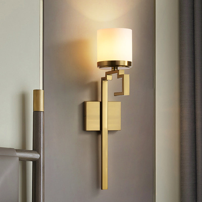 Mid Century Brass Wall Sconce With Opal Matte Glass And Oriental Element Gold