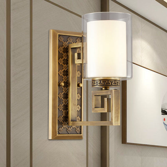 Traditional Antiqued Gold/Black Sconce With Dual Shade Pillar - Wall Mounted Light Gold