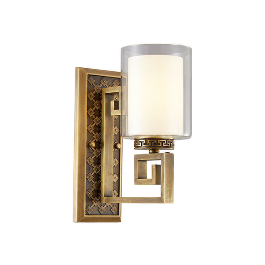 Traditional Antiqued Gold/Black Sconce With Dual Shade Pillar - Wall Mounted Light