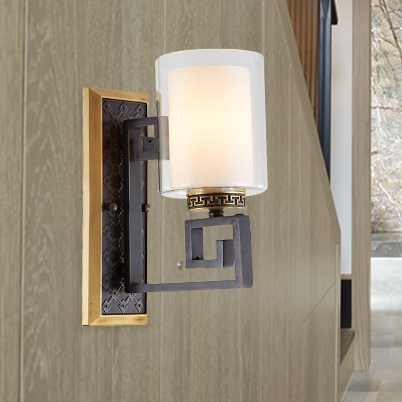 Traditional Antiqued Gold/Black Sconce With Dual Shade Pillar - Wall Mounted Light Black