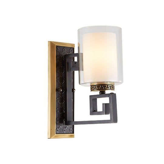 Traditional Antiqued Gold/Black Sconce With Dual Shade Pillar - Wall Mounted Light