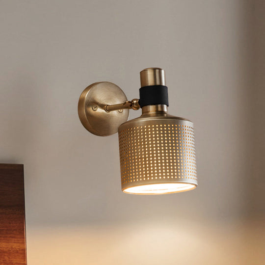 Gold Cylinder Bedroom Wall Lamp - Metal Sconce With Cutout Design