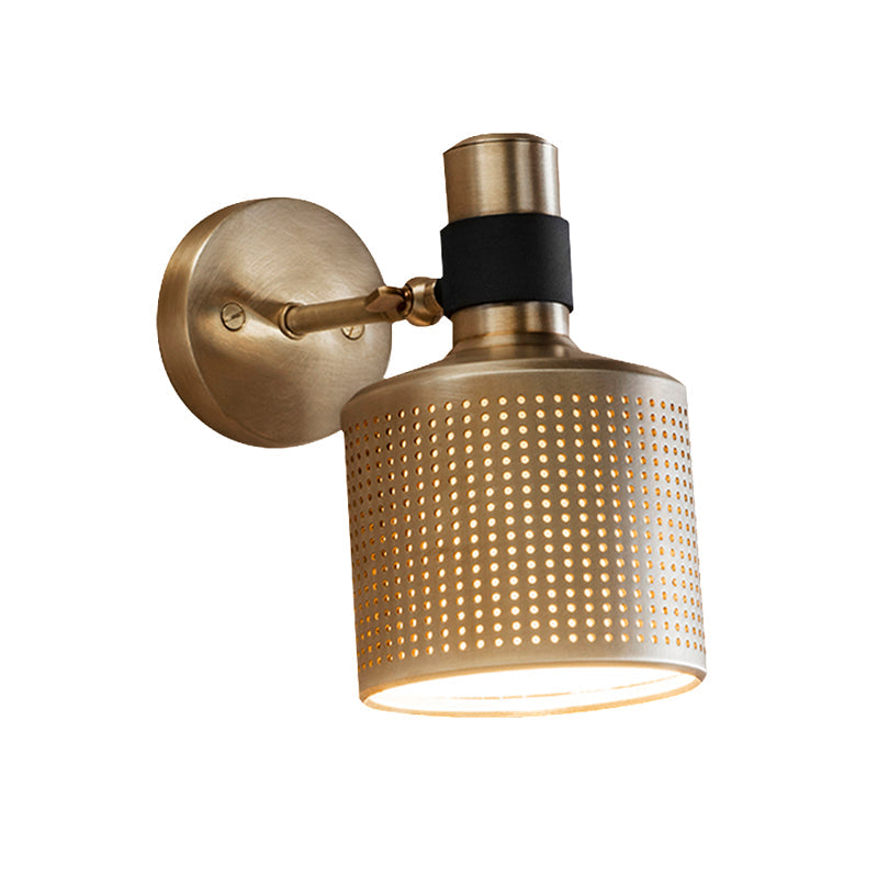 Gold Cylinder Bedroom Wall Lamp - Metal Sconce With Cutout Design