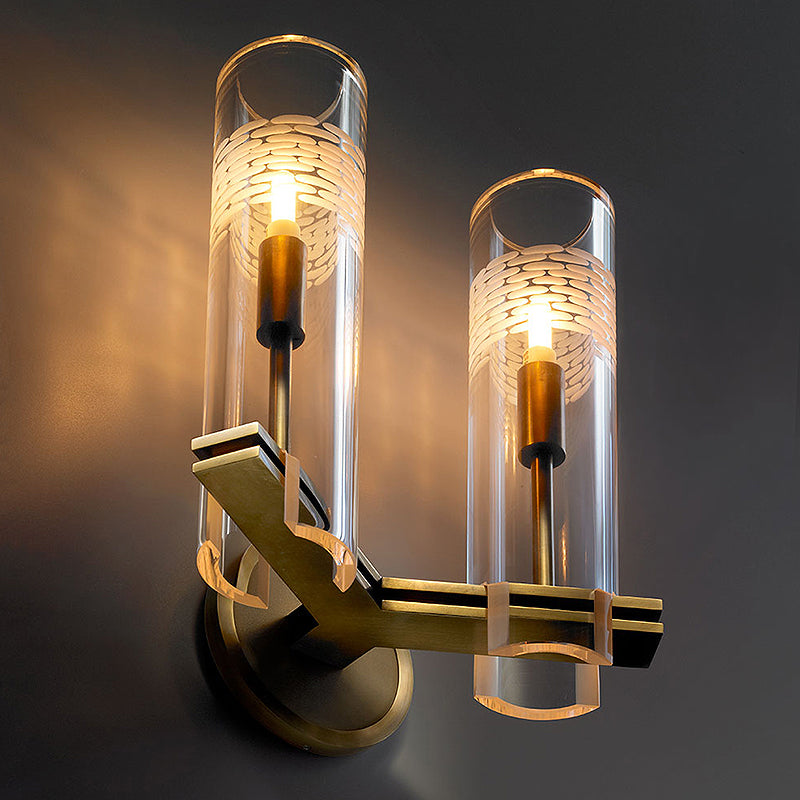Colonialist Gold Wall Sconce With Clear Cylindrical Glass - Perfect For Living Room Lighting