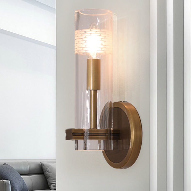 Colonialist Gold Wall Sconce With Clear Cylindrical Glass - Perfect For Living Room Lighting 1 /