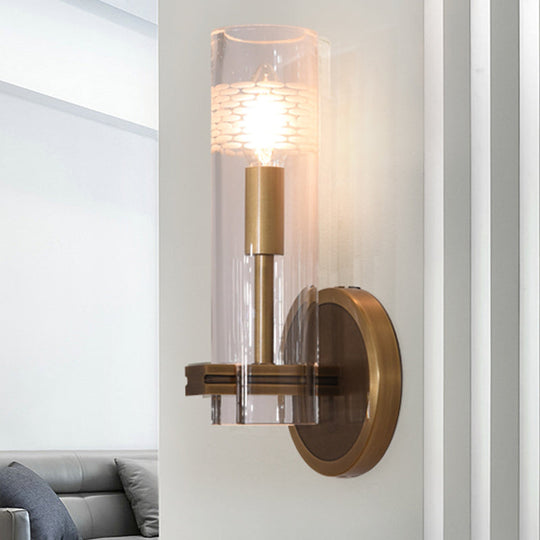 Colonialist Gold Wall Sconce With Clear Cylindrical Glass - Perfect For Living Room Lighting 1 /
