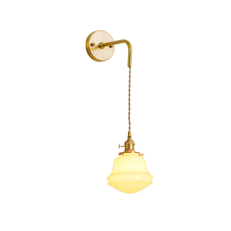 Gold Colonial Bell Sconce Lighting - Milky Glass Bedroom Wall Mounted Light Cord/Straight Arm 1 Bulb