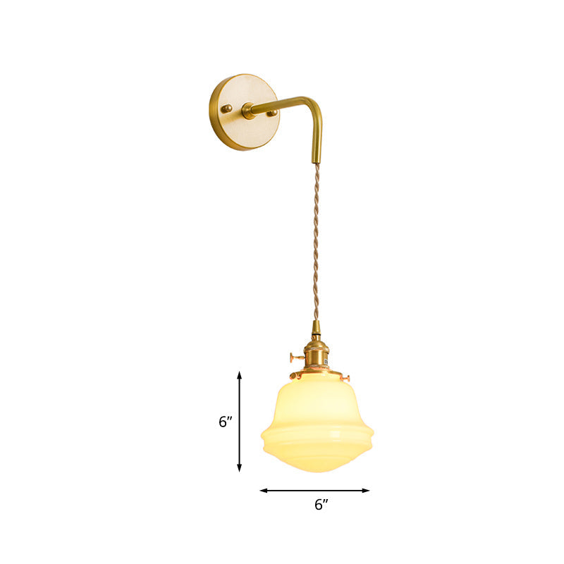 Gold Colonial Bell Sconce Lighting - Milky Glass Bedroom Wall Mounted Light Cord/Straight Arm 1 Bulb