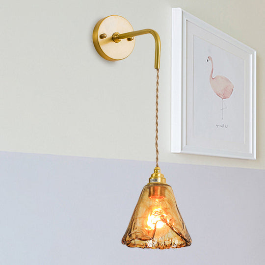 Gold Tan Glass 1-Light Wall Sconce Fixture Colonial Cone/Trapezoid/Flat Design For Living Room Cord