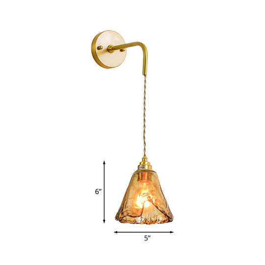 Gold Tan Glass 1-Light Wall Sconce Fixture Colonial Cone/Trapezoid/Flat Design For Living Room Cord