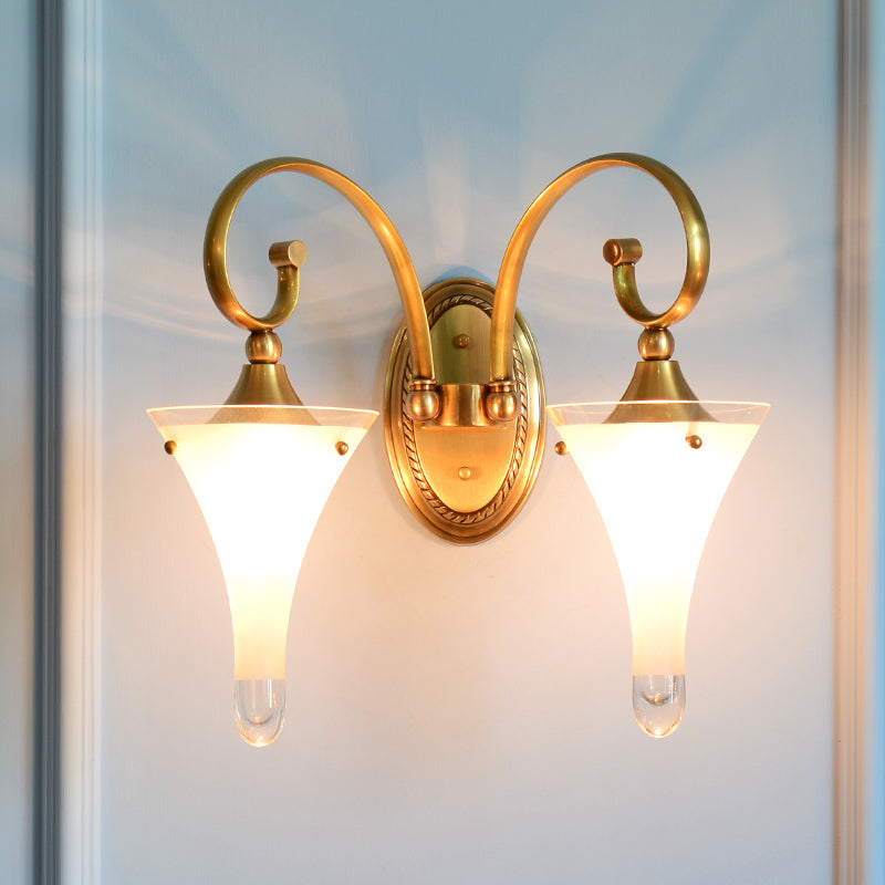 Colonial Gold Flared Wall Sconce With Frosted White Glass - Scrolled Arm Design 2 /