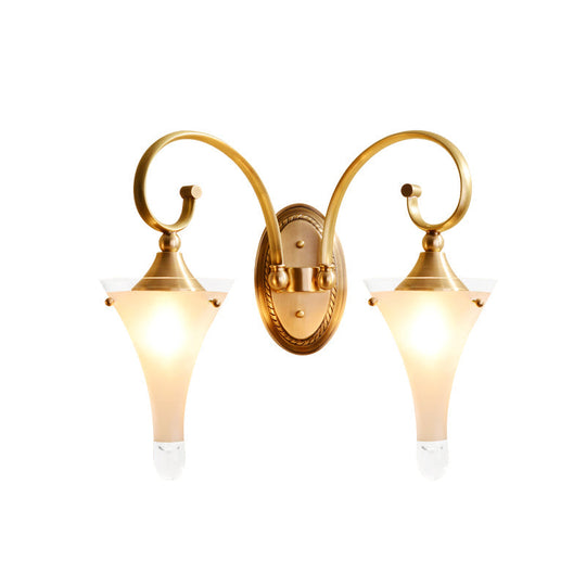 Colonial Gold Flared Wall Sconce With Frosted White Glass - Scrolled Arm Design