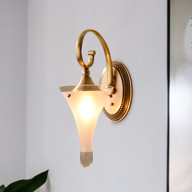 Colonial Gold Flared Wall Sconce With Frosted White Glass - Scrolled Arm Design
