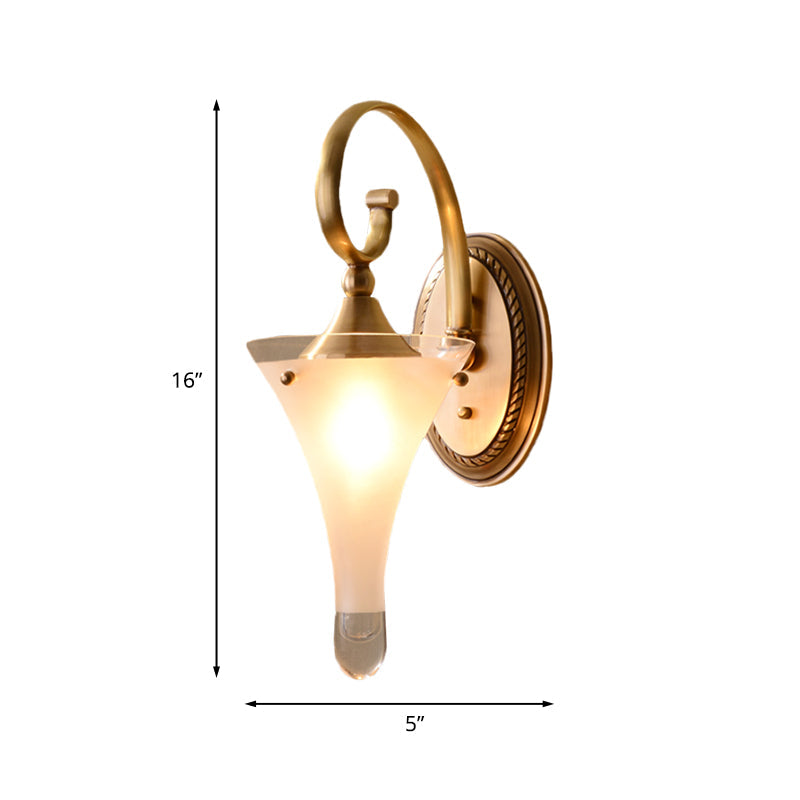 Colonial Gold Flared Wall Sconce With Frosted White Glass - Scrolled Arm Design