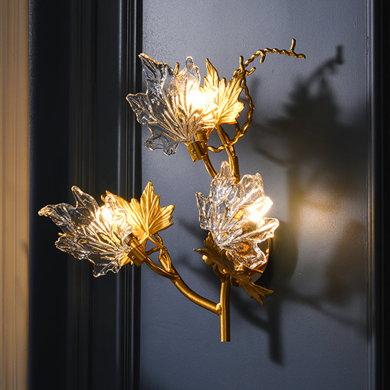 Maple Leaf Wall Lamp - 3-Light Clear Textured Glass Sconce In Gold For Bedroom