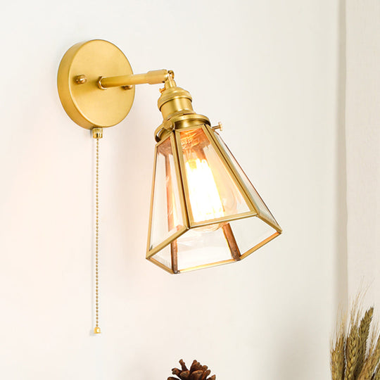 Classic Gold Colonial Tapered Wall Light: Clear Glass Sconce Lamp With/Without Pull Chain / B