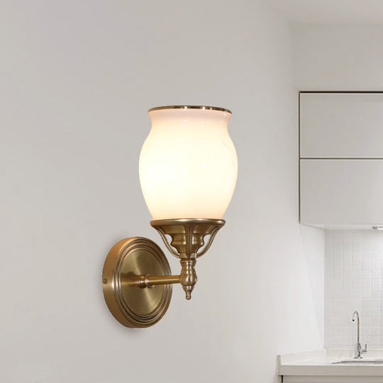 Opal Glass Colonial Sconce Lamp 1-Bulb Wall Light Fixture With Brass Finish - Metal Accents Ideal