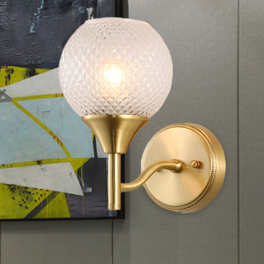 Clear Ribbed Glass Wall Mounted Spherical Corridor Lighting - Colonialist 1-Light Gold Sconce