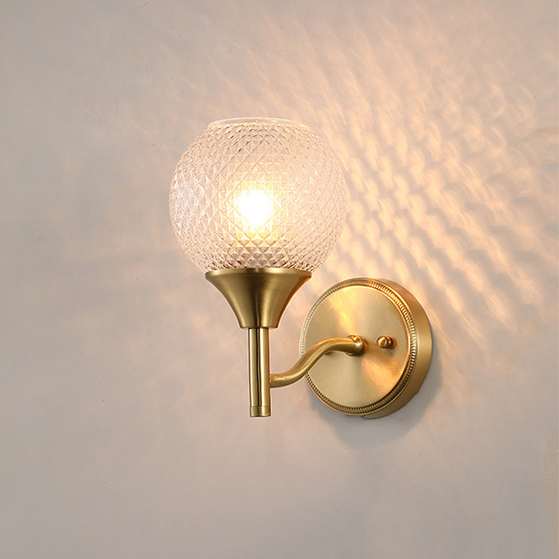 Clear Ribbed Glass Wall Mounted Spherical Corridor Lighting - Colonialist 1-Light Gold Sconce