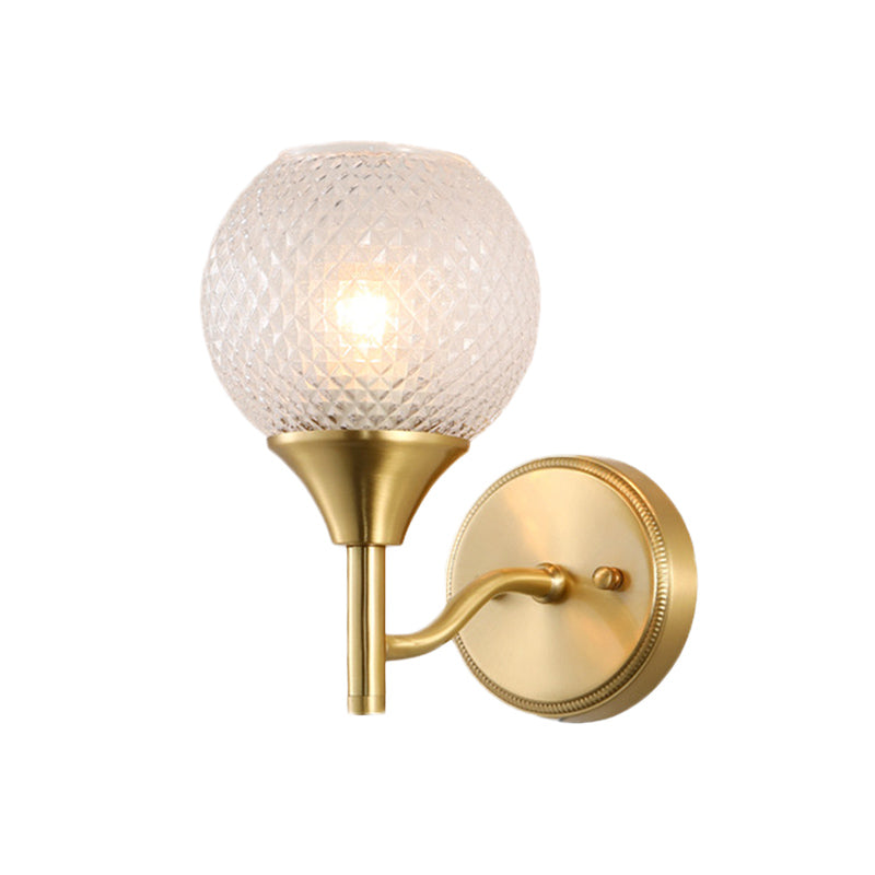 Clear Ribbed Glass Wall Mounted Spherical Corridor Lighting - Colonialist 1-Light Gold Sconce
